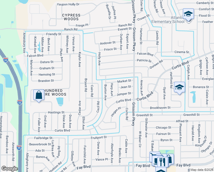 map of restaurants, bars, coffee shops, grocery stores, and more near 6849 Buxton Avenue in Cocoa