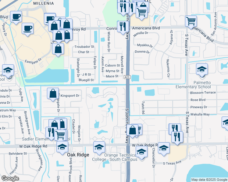 map of restaurants, bars, coffee shops, grocery stores, and more near 3700 Castle Pines Lane in Orlando