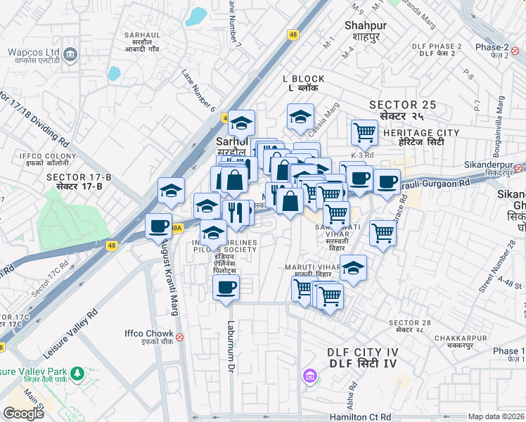 map of restaurants, bars, coffee shops, grocery stores, and more near Mehrauli-Gurgaon Road in Gurugram