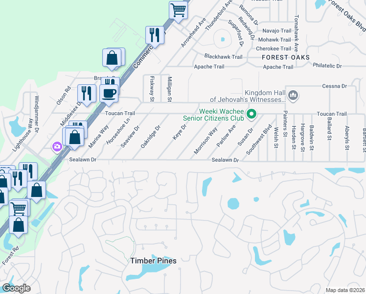 map of restaurants, bars, coffee shops, grocery stores, and more near 3295 Stephens Boulevard in Spring Hill