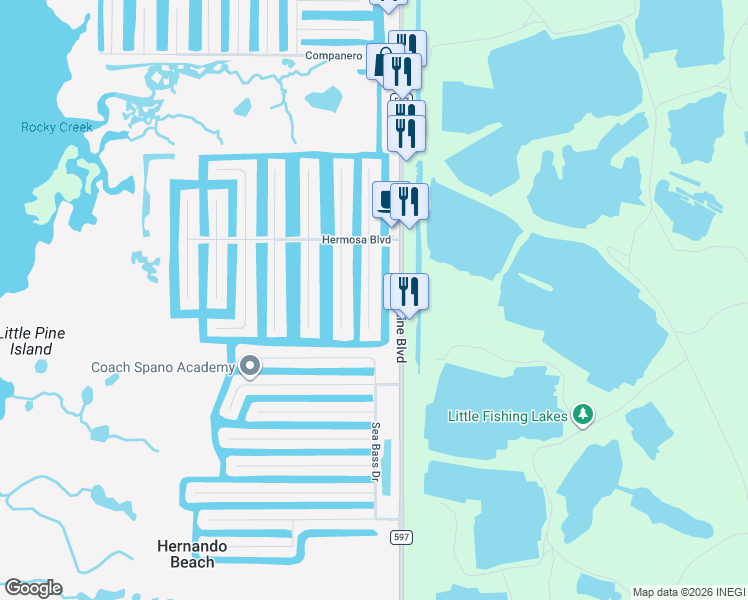 map of restaurants, bars, coffee shops, grocery stores, and more near 3232 Rose Arbor Drive in Hernando Beach