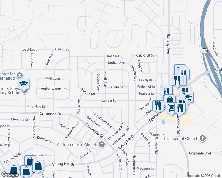 map of restaurants, bars, coffee shops, grocery stores, and more near 14018 Oleta Street in Spring Hill