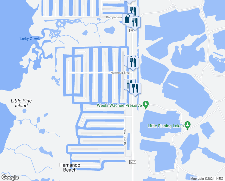 map of restaurants, bars, coffee shops, grocery stores, and more near 3209 Sea Grape Drive in Hernando Beach