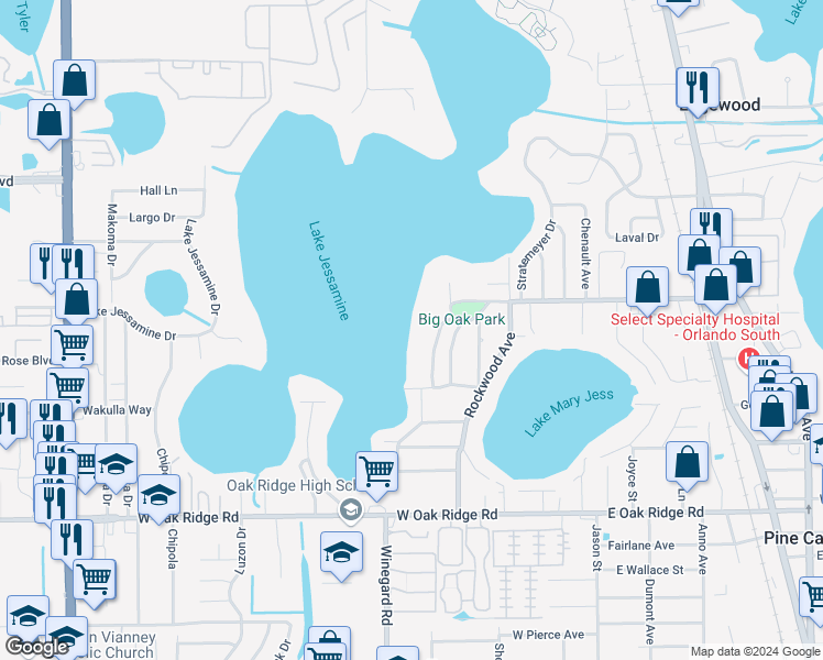 map of restaurants, bars, coffee shops, grocery stores, and more near 5526 Parkdale Drive in Orlando
