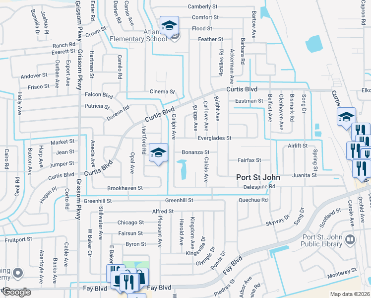 map of restaurants, bars, coffee shops, grocery stores, and more near 4540 Bonanza Street in Cocoa