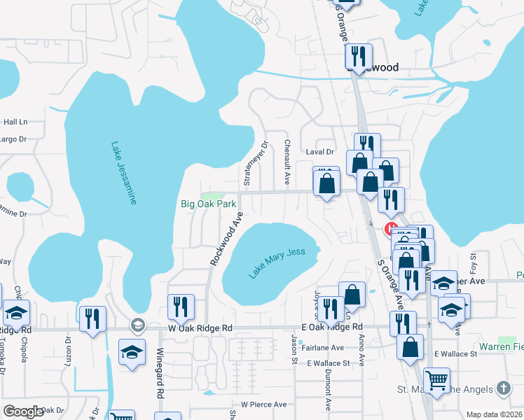 map of restaurants, bars, coffee shops, grocery stores, and more near 336 Mary Jess Road in Orlando