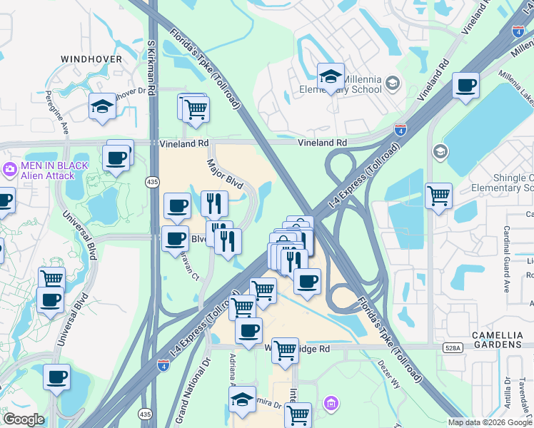 map of restaurants, bars, coffee shops, grocery stores, and more near 5715 Major Blvd in Orlando
