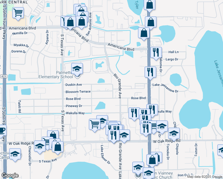 map of restaurants, bars, coffee shops, grocery stores, and more near 1803 Blossom Terrace in Orlando