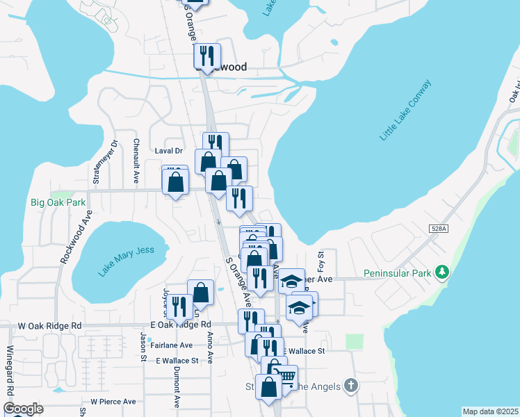 map of restaurants, bars, coffee shops, grocery stores, and more near 625 Lake Harbor Circle in Orlando