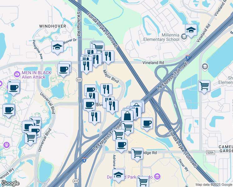 map of restaurants, bars, coffee shops, grocery stores, and more near 5728 Major Boulevard in Orlando