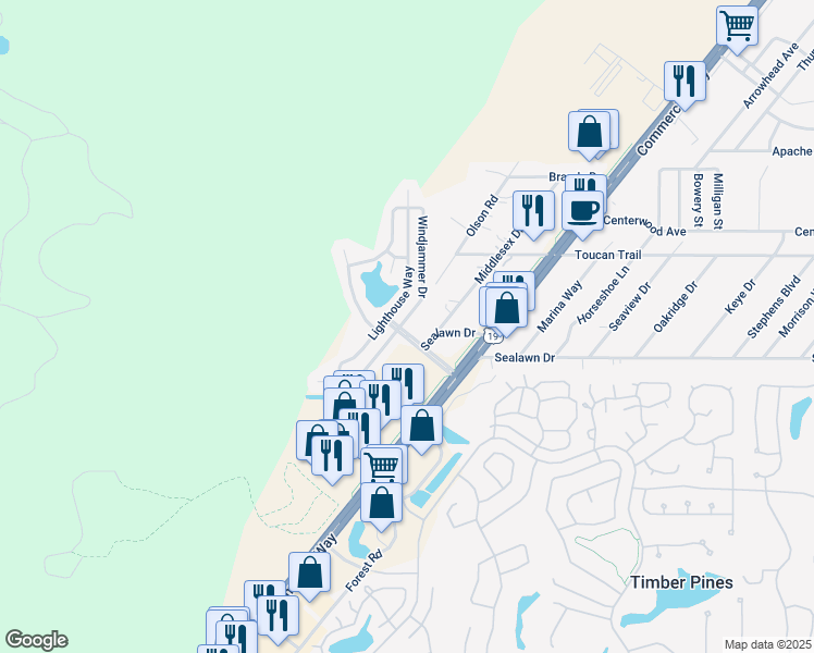 map of restaurants, bars, coffee shops, grocery stores, and more near 3222 Windjammer Drive in Spring Hill