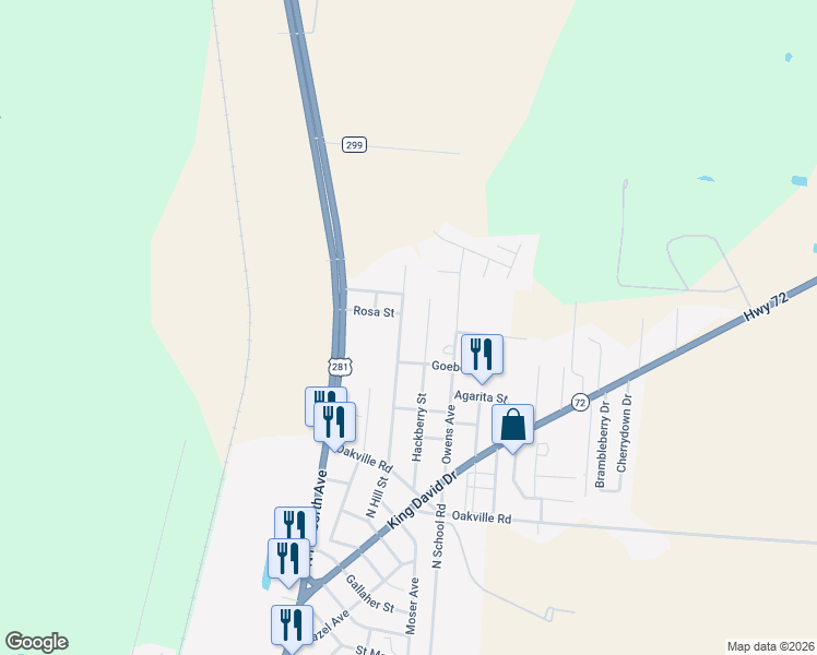 map of restaurants, bars, coffee shops, grocery stores, and more near 1811 Hackberry Street in Three Rivers