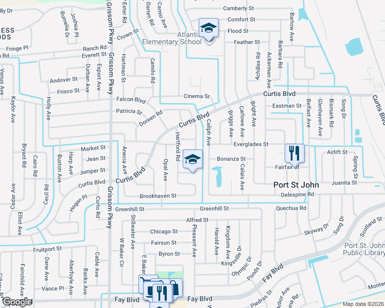 map of restaurants, bars, coffee shops, grocery stores, and more near 4740 Ivan Street in Cocoa