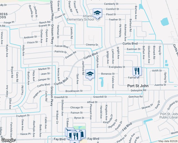 map of restaurants, bars, coffee shops, grocery stores, and more near 4740 Ivan Street in Cocoa