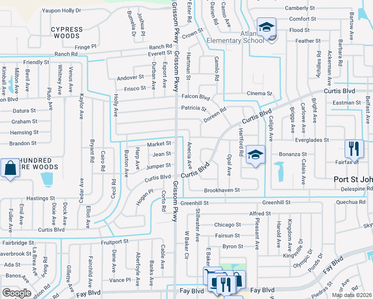 map of restaurants, bars, coffee shops, grocery stores, and more near 6860 Anecia Avenue in Cocoa