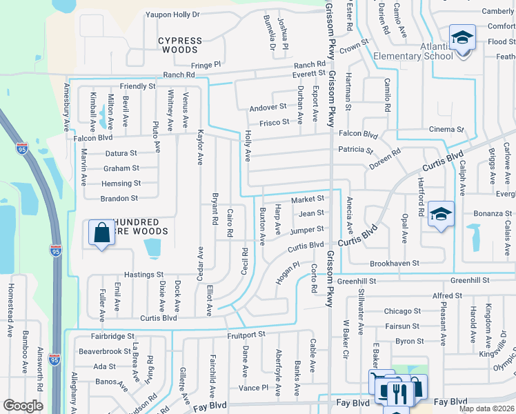 map of restaurants, bars, coffee shops, grocery stores, and more near 6849 Buxton Avenue in Cocoa