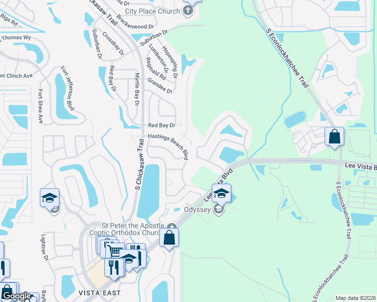 map of restaurants, bars, coffee shops, grocery stores, and more near 9028 Lake Avon Drive in Orlando