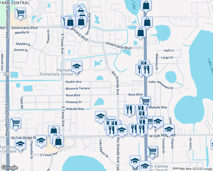 map of restaurants, bars, coffee shops, grocery stores, and more near 1803 Blossom Terrace in Orlando