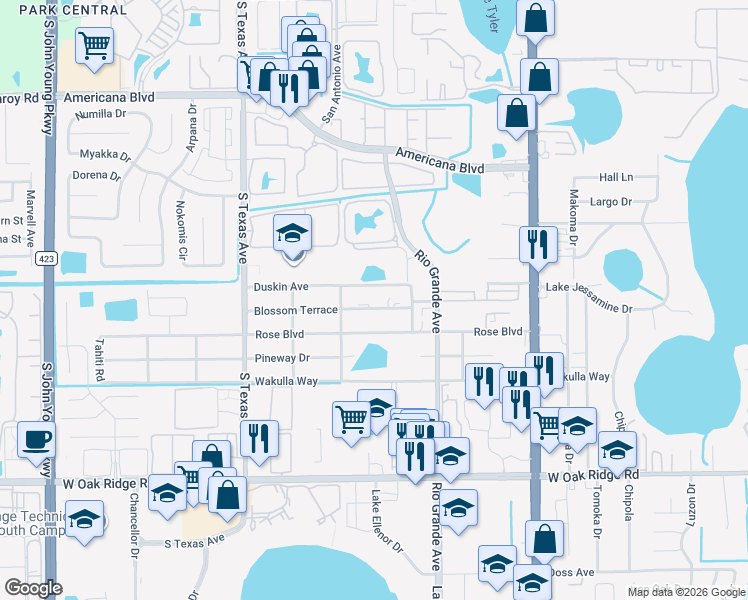 map of restaurants, bars, coffee shops, grocery stores, and more near 1835 Blossom Terrace in Orlando