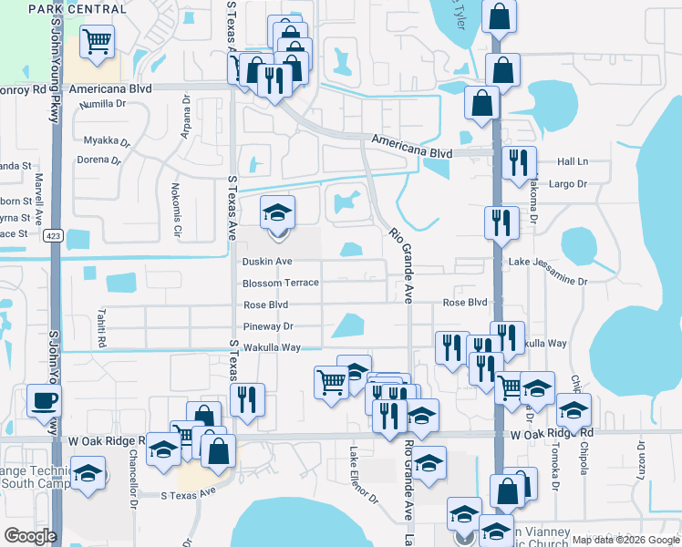 map of restaurants, bars, coffee shops, grocery stores, and more near 1835 Blossom Terrace in Orlando