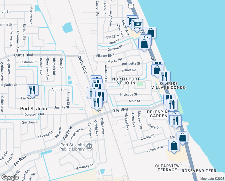 map of restaurants, bars, coffee shops, grocery stores, and more near 970 Hibiscus Street in Cocoa