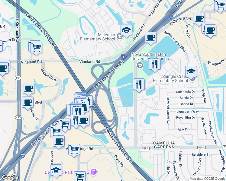 map of restaurants, bars, coffee shops, grocery stores, and more near 5024 Millenia Boulevard in Orlando