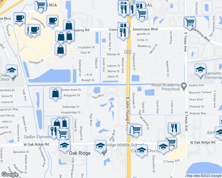 map of restaurants, bars, coffee shops, grocery stores, and more near 3775 Palm Desert Lane in Orlando