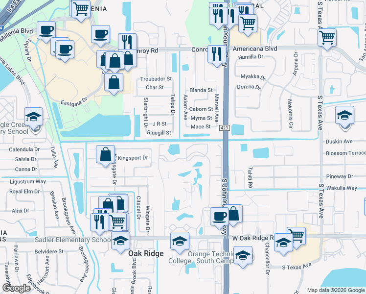 map of restaurants, bars, coffee shops, grocery stores, and more near 3725 Castle Pines Lane in Orlando