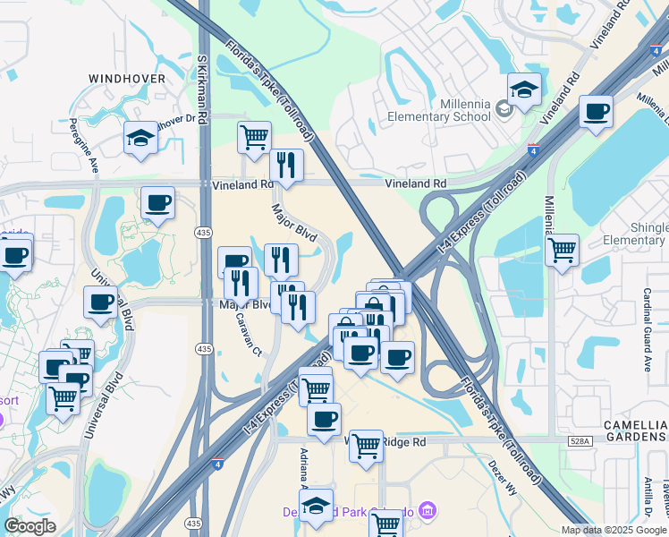 map of restaurants, bars, coffee shops, grocery stores, and more near 5687 Major Boulevard in Orlando