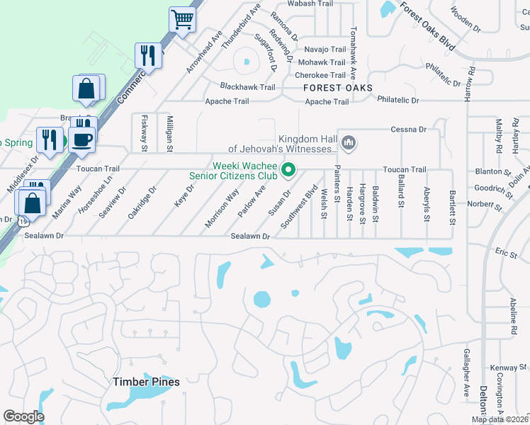 map of restaurants, bars, coffee shops, grocery stores, and more near 3279 Susan Drive in Spring Hill