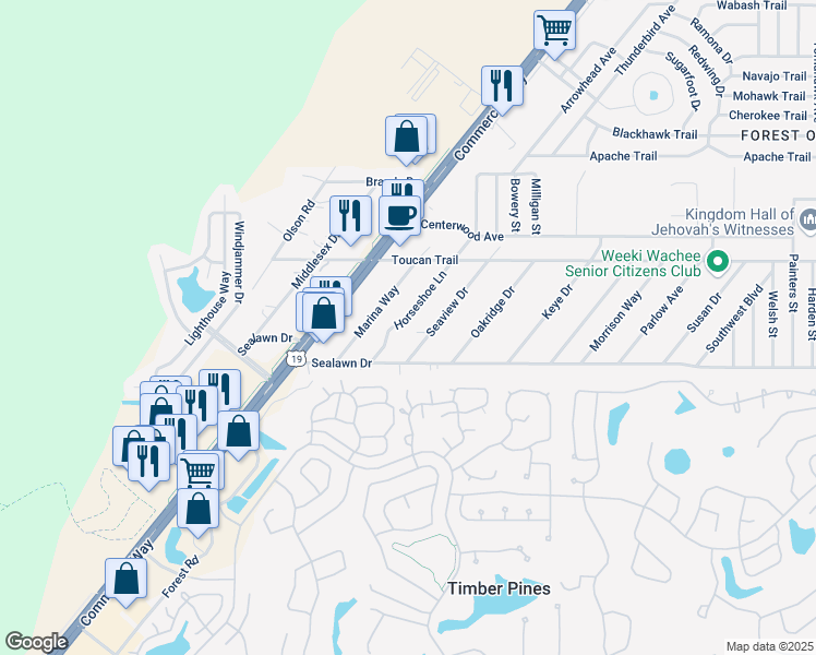 map of restaurants, bars, coffee shops, grocery stores, and more near 3289 Seaview Drive in Spring Hill