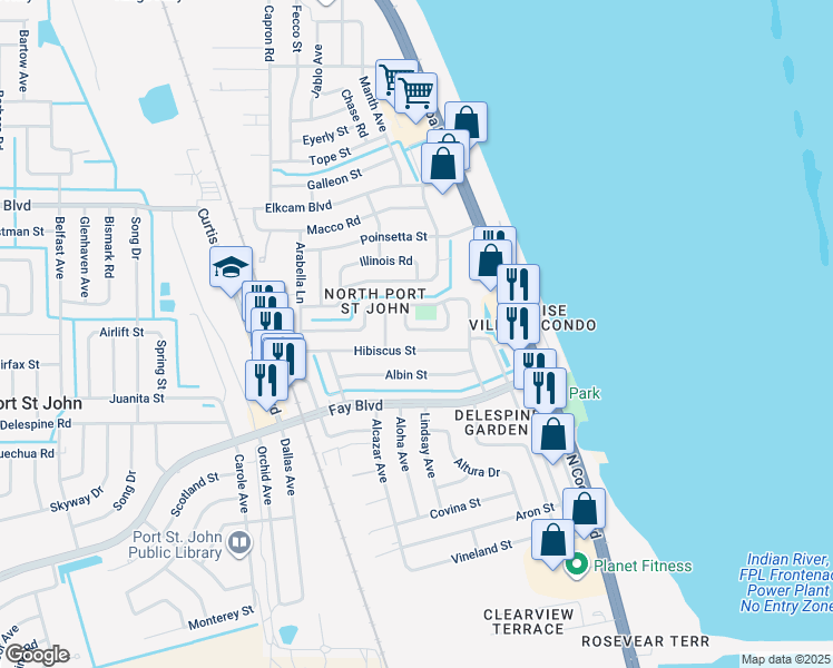 map of restaurants, bars, coffee shops, grocery stores, and more near 1046 Hibiscus Street in Cocoa