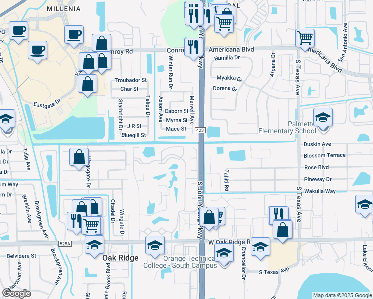 map of restaurants, bars, coffee shops, grocery stores, and more near 3915 Titelist Court in Orlando