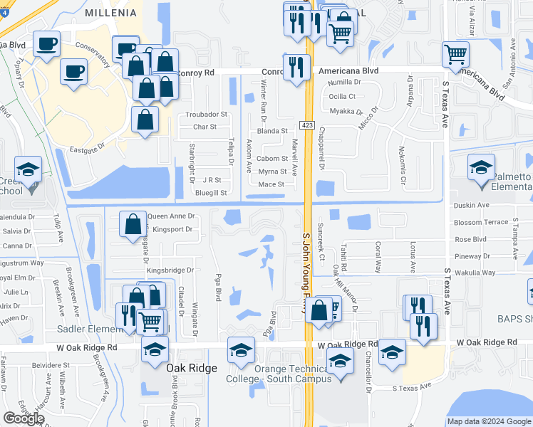 map of restaurants, bars, coffee shops, grocery stores, and more near 3775 Palm Desert Lane in Orlando