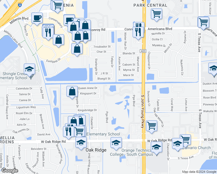 map of restaurants, bars, coffee shops, grocery stores, and more near 5513 Pga Boulevard in Orlando