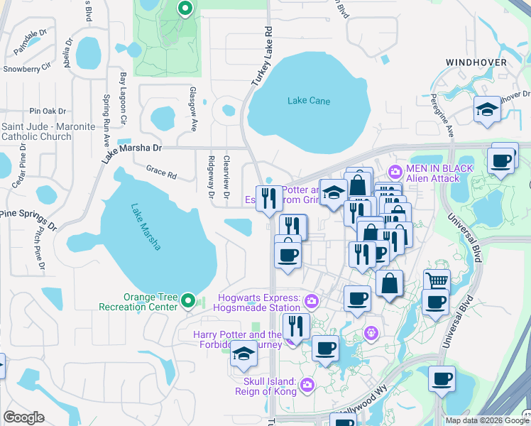 map of restaurants, bars, coffee shops, grocery stores, and more near 5900 Turkey Lake Road in Orlando