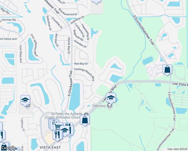 map of restaurants, bars, coffee shops, grocery stores, and more near 8867 Hastings Beach Boulevard in Orlando