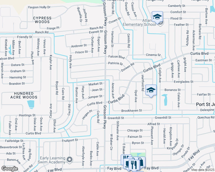 map of restaurants, bars, coffee shops, grocery stores, and more near 6895 Grissom Parkway in Cocoa