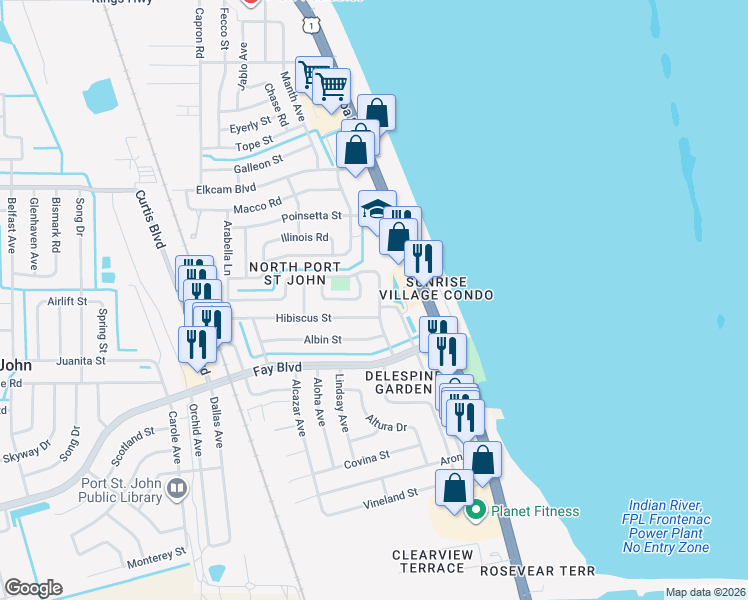 map of restaurants, bars, coffee shops, grocery stores, and more near 470 Espanol Avenue in Cocoa