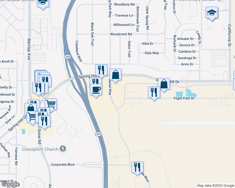 map of restaurants, bars, coffee shops, grocery stores, and more near 3100 Aerial Way in Brooksville