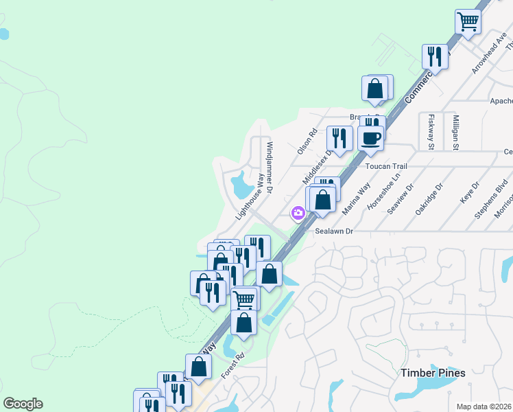 map of restaurants, bars, coffee shops, grocery stores, and more near 3222 Windjammer Drive in Spring Hill