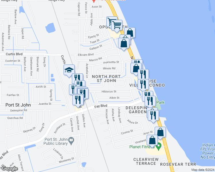 map of restaurants, bars, coffee shops, grocery stores, and more near 462 Amity Avenue in Cocoa