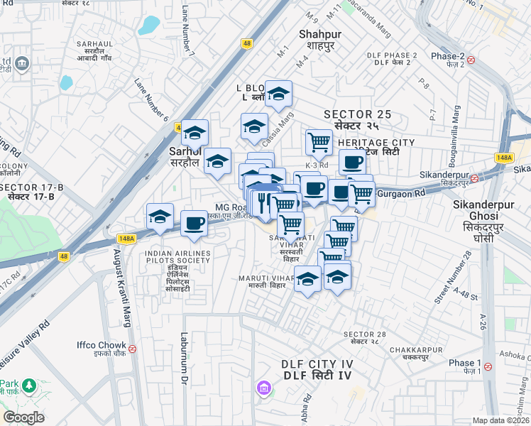 map of restaurants, bars, coffee shops, grocery stores, and more near in Gurugram