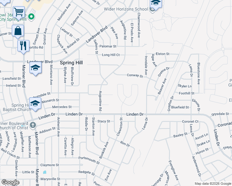 map of restaurants, bars, coffee shops, grocery stores, and more near 11352 Rainbow Woods Loop in Spring Hill