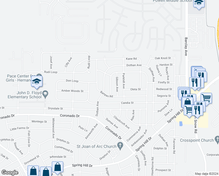 map of restaurants, bars, coffee shops, grocery stores, and more near in Spring Hill