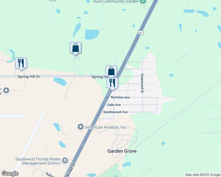 map of restaurants, bars, coffee shops, grocery stores, and more near 3221 Broad Street in Brooksville