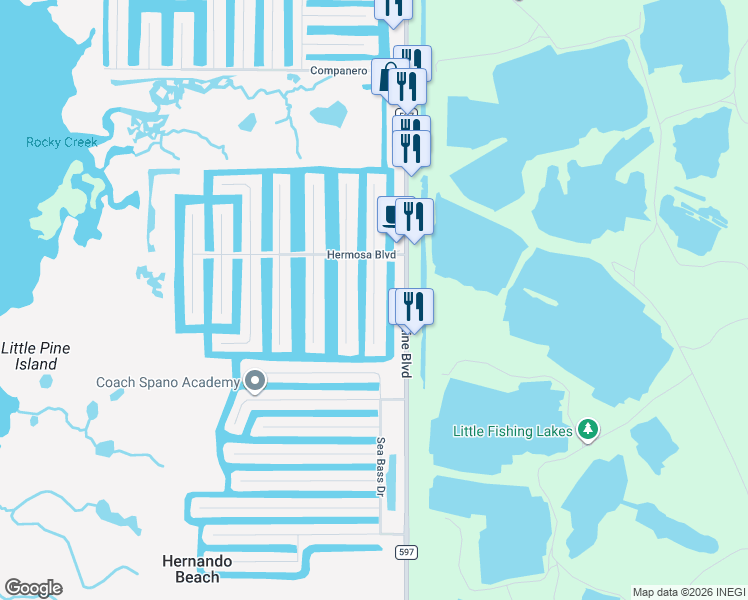 map of restaurants, bars, coffee shops, grocery stores, and more near 3232 Rose Arbor Drive in Hernando Beach
