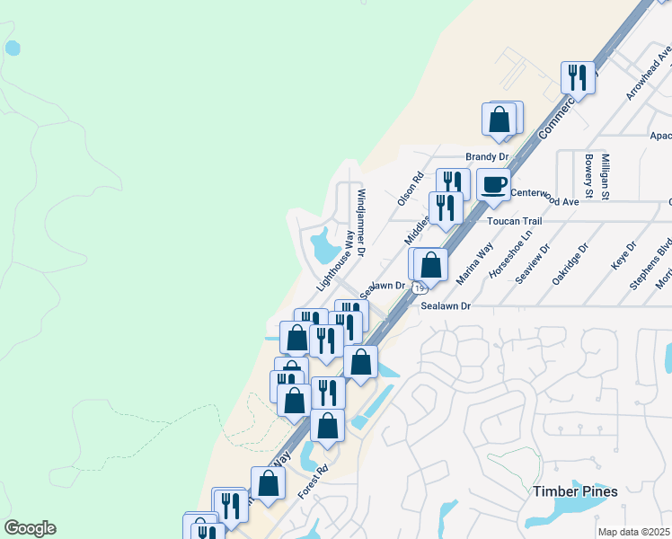 map of restaurants, bars, coffee shops, grocery stores, and more near 3222 Windjammer Drive in Spring Hill