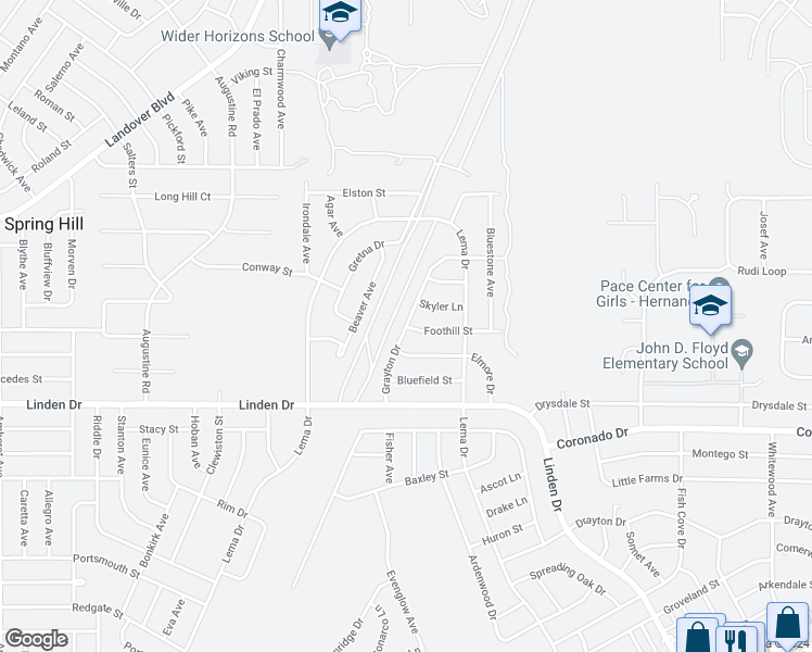 map of restaurants, bars, coffee shops, grocery stores, and more near 3232 Grayton Drive in Spring Hill