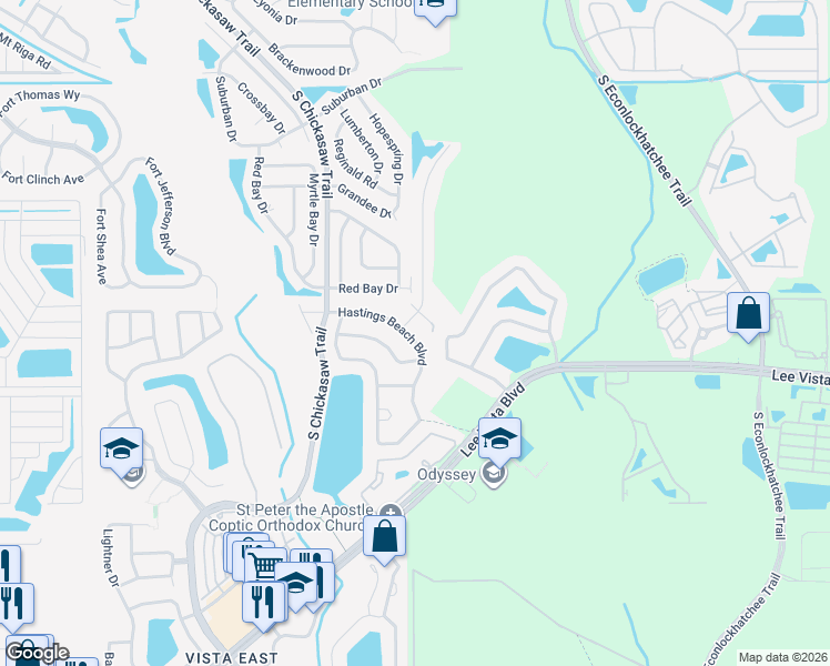 map of restaurants, bars, coffee shops, grocery stores, and more near 8843 Hastings Beach Boulevard in Orlando